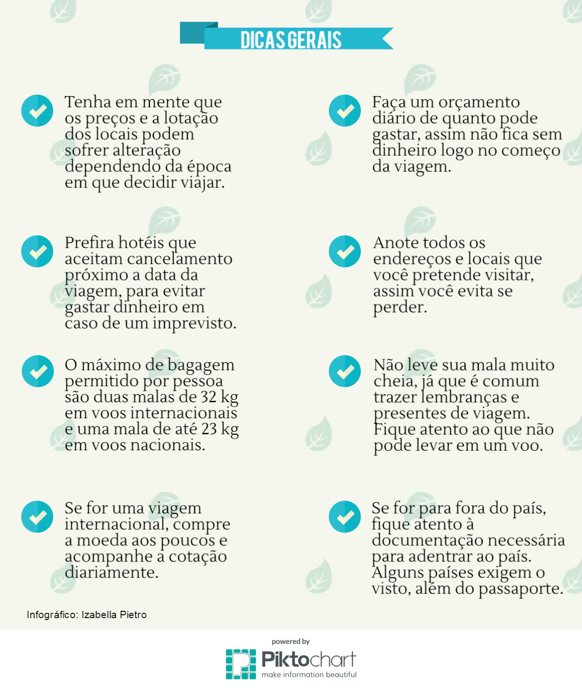 Infográfico com checklist de organização de viagens contendo dicas essenciais sobre orçamento, reservas de hotel, limites de bagagem e documentação necessária.